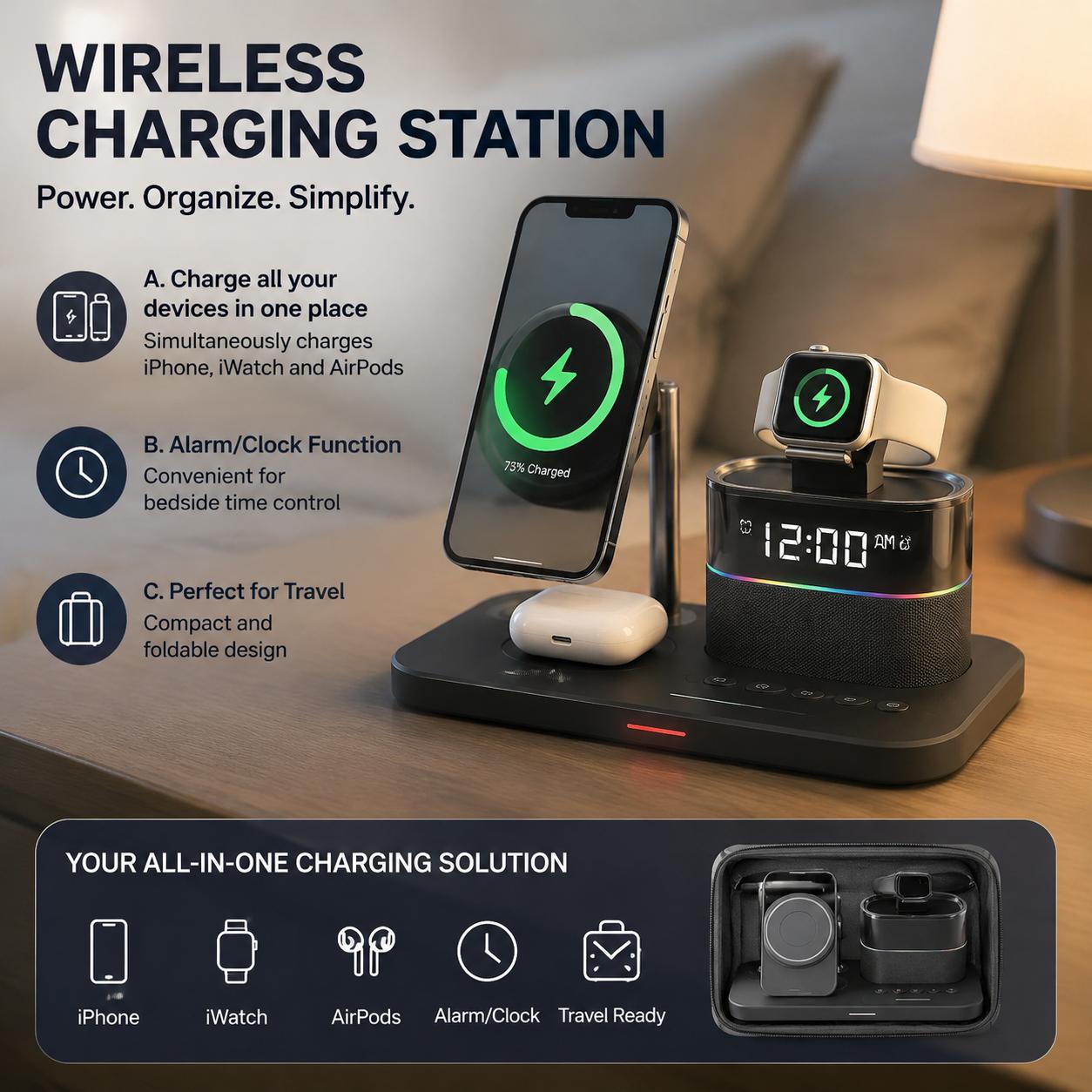 Smartwatch Phone Watches - 磁気ワイヤレス充電ステーション（iPhoneシリーズ12、13、14、15、16、17、Watch Ultra 8、7、6、5、イヤホン用充電スタンド）多機種対応充電パッド（デスク、自宅、オフィス、旅行用）スマホ15W、ウェアラブル5Wの急速充電対応、360度回転デスクスタンド