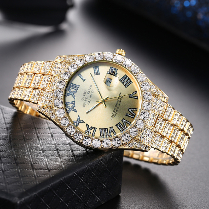 Smartwatch Luxury Watches For Men - メンズクォーツ腕時計、高級スチールバンド、フルダイヤモンド、星空デザイン、男性用ビジネス腕時計、ハイエンドローマ数字カレンダー腕時計