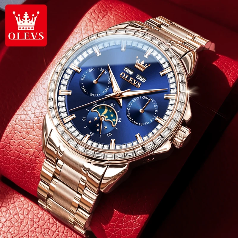 Altimeter Compass Watch - Olevs-男性用多機能時計,ブルーレザーストラップ,ムーンフェイズ,防水,カレンダー,ダイヤル,新品,6695