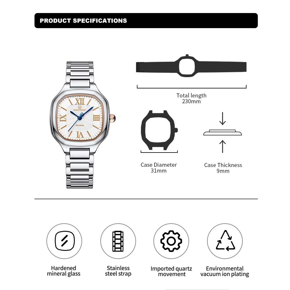 NAVIFORCE 高級レディース腕時計スクエアダイヤルクォ - Minimalist Thin Watch のレビューと価格