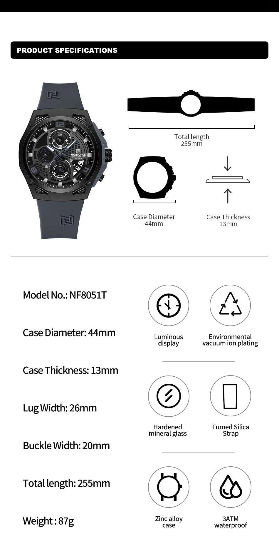 Naviforce-メンズ腕時計,高級デザイン,30m防水, - Silicone Sport Band のレビューと価格