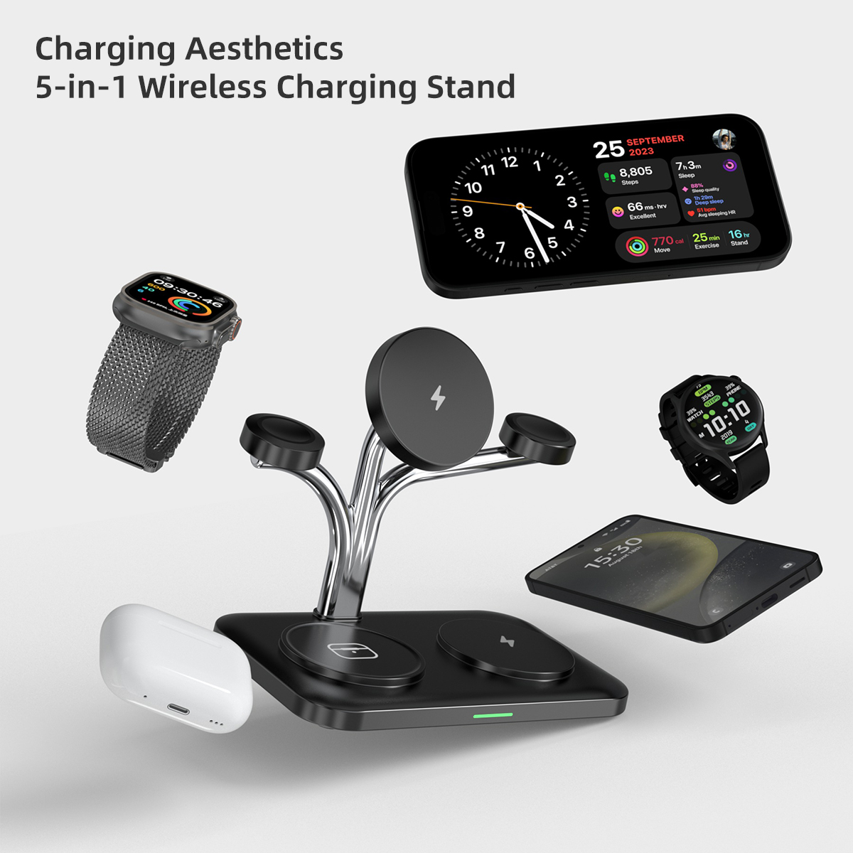 5 in 1 磁気ワイヤレス充電器、デュアルフォンとウォッチ - Smartwatch Watches For Iphone のレビューと価格