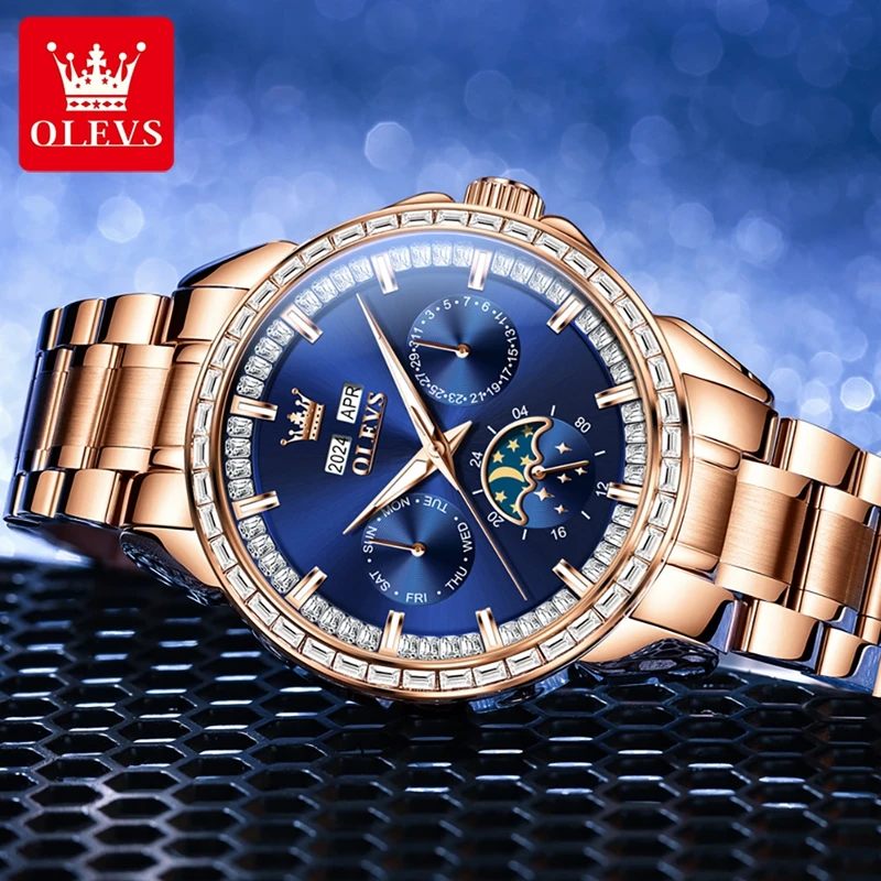 Olevs-男性用多機能時計,ブルーレザーストラップ,ムーン - Altimeter Compass Watch のレビューと価格