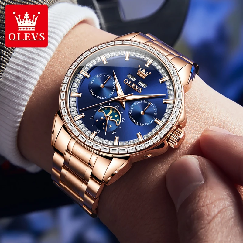 Olevs-男性用多機能時計,ブルーレザーストラップ,ムーン - Altimeter Compass Watch のレビューと価格
