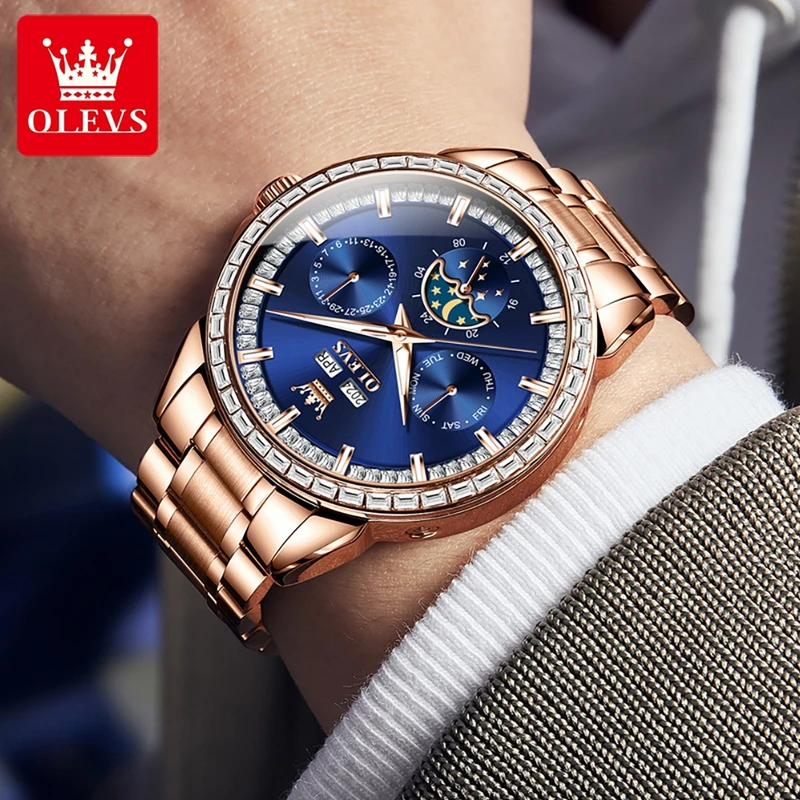 Olevs-男性用多機能時計,ブルーレザーストラップ,ムーン - Altimeter Compass Watch のレビューと価格